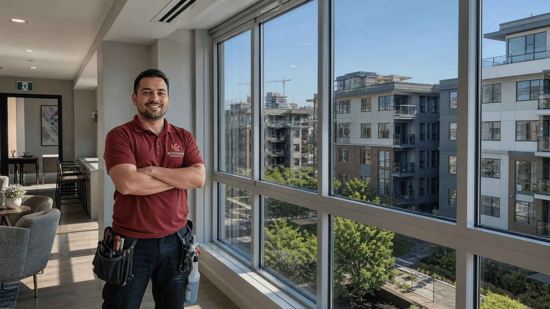 Ecovision installer beside completed window film installation in New Westminster rental building — Bylaw 6926 cooling compliance