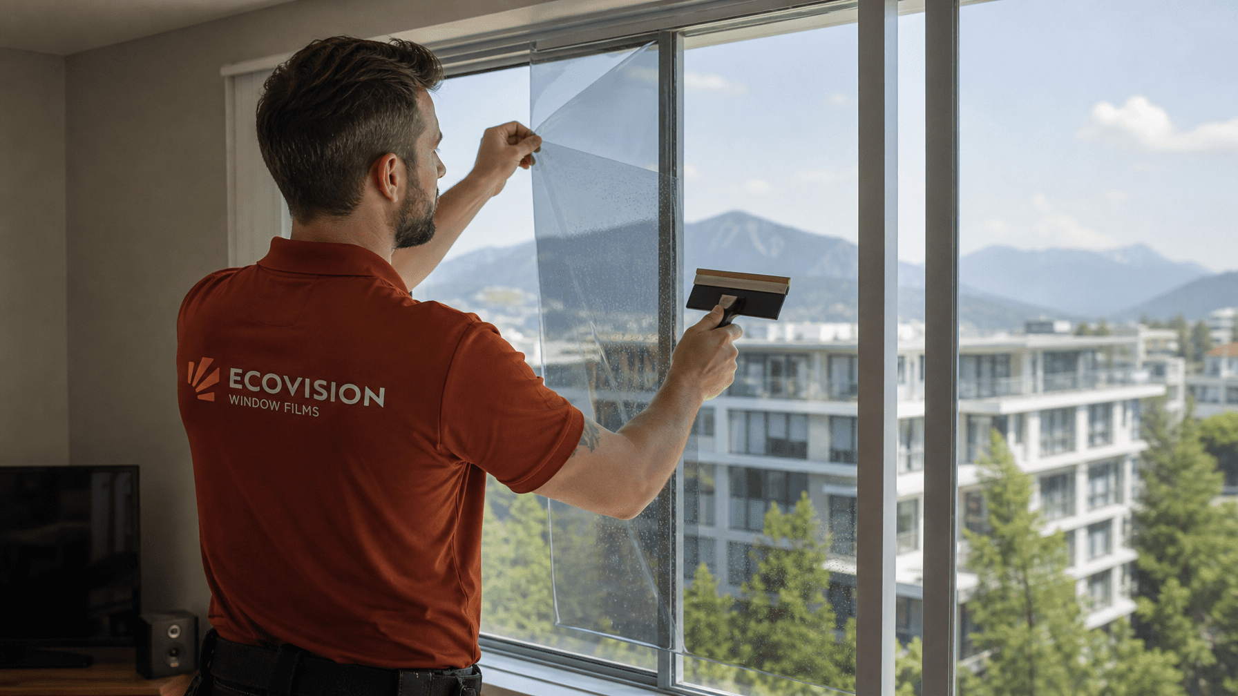 Ecovision Window Films installer applying solar control window film to rental apartment in New Westminster BC — cooling bylaw compliance