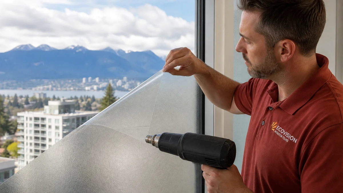 Technician peeling frosted privacy film from a glass door panel