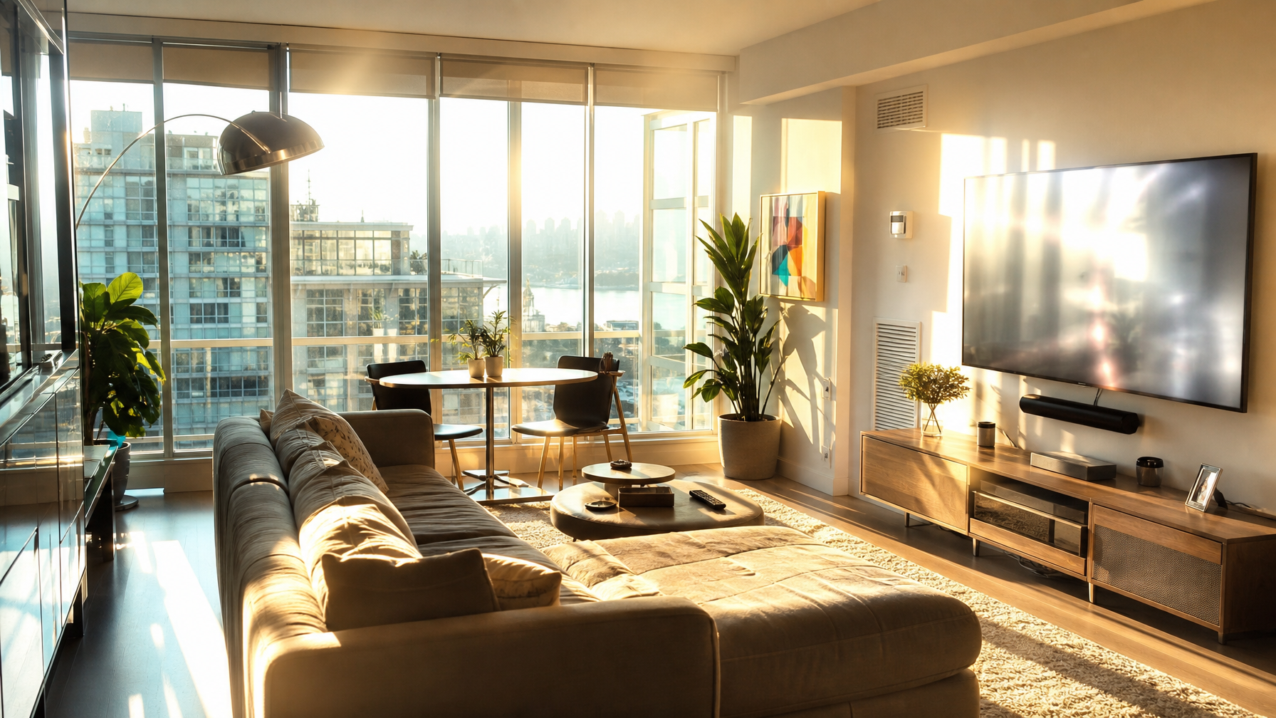 Southwest-facing Vancouver condo with intense afternoon sun streaming through large windows, glare on TV screen, bright hot patches on floor