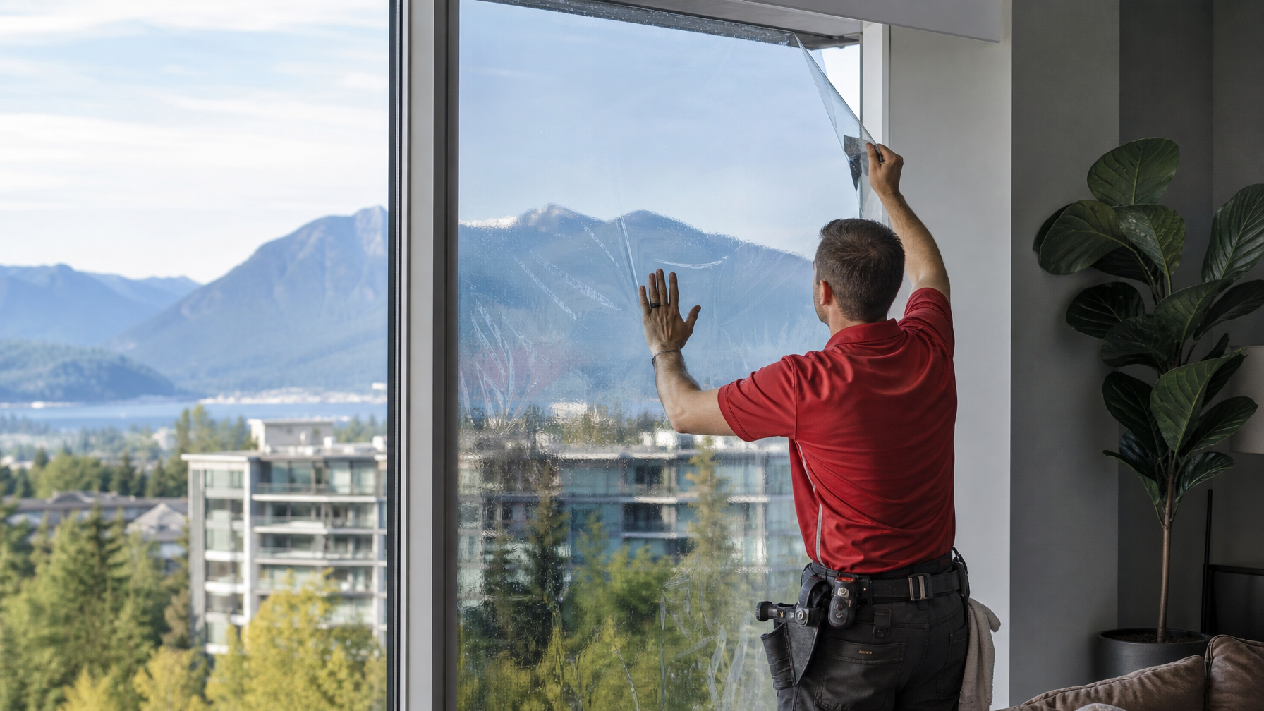 Ecovision installer applying solar window film in a Vancouver condo