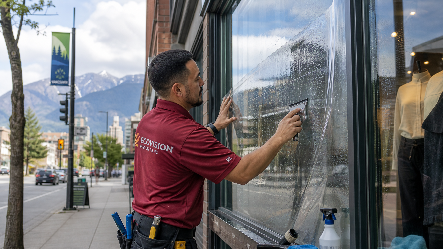 Ecovision installer in brick-red shirt applying security window film to a Vancouver retail storefront