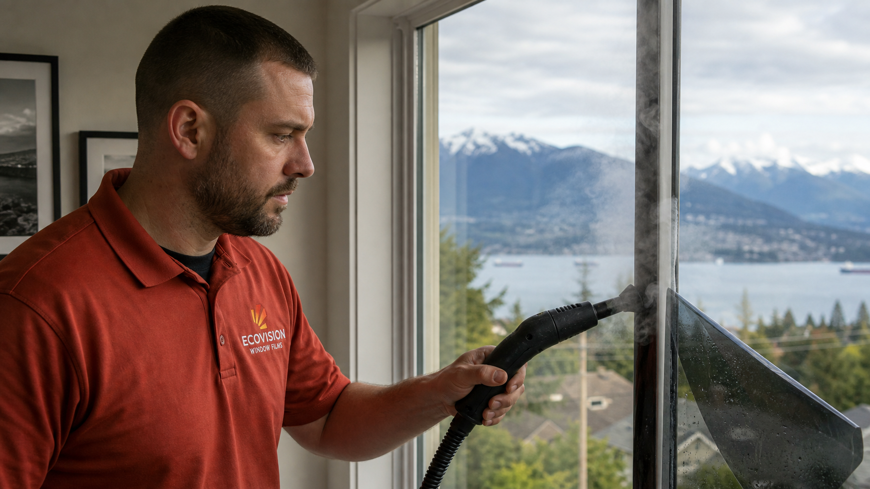Ecovision installer in brick-red branded shirt using a steamer to remove window film from a Vancouver residential window