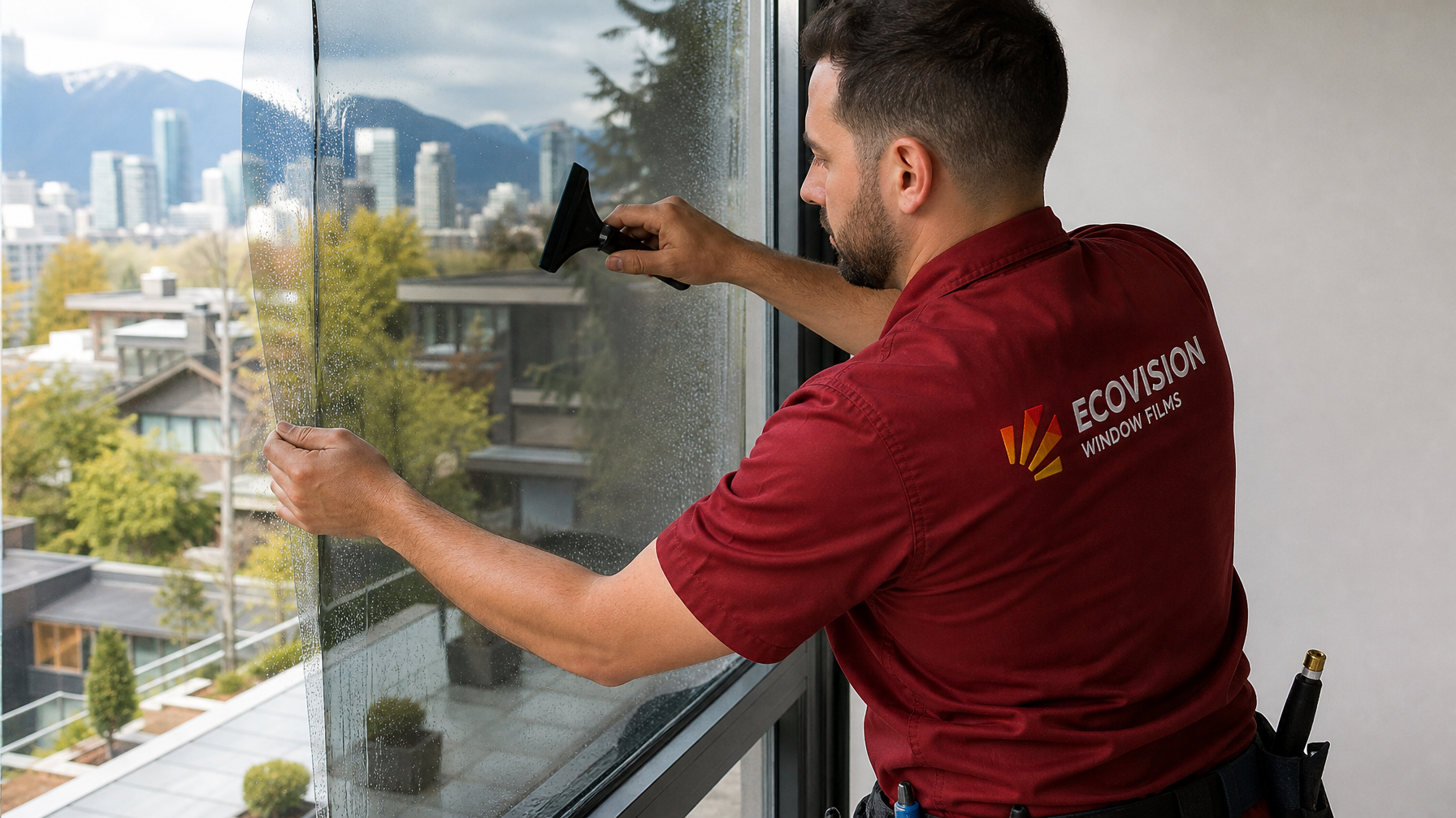Ecovision installer in brick-red branded shirt applying ceramic window film to a home window in Vancouver