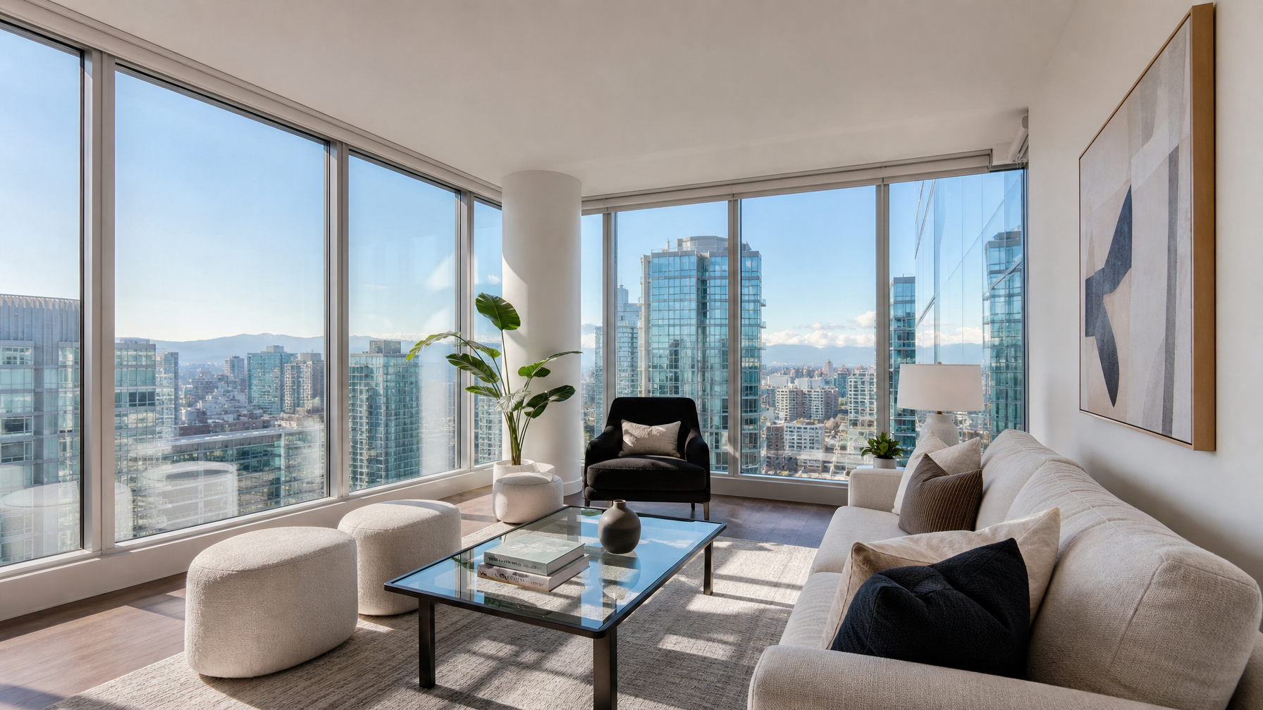 Modern Vancouver strata condo living room with large floor-to-ceiling windows and clear solar film allowing soft diffused natural light