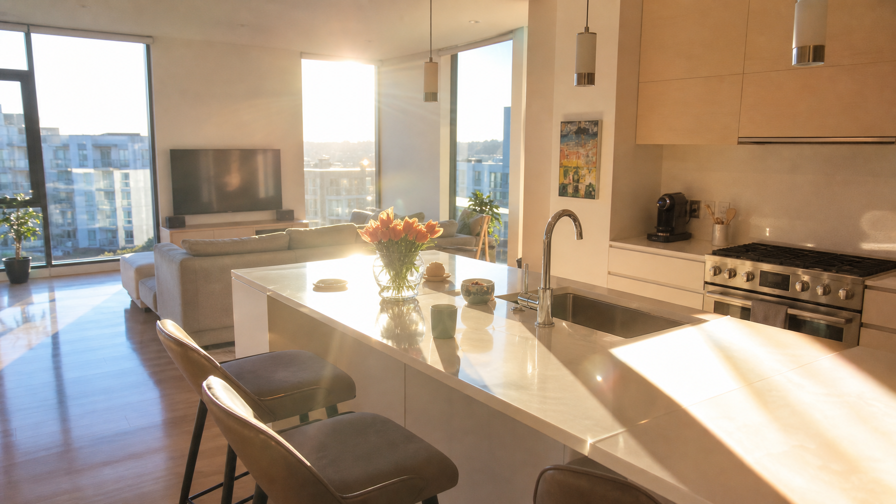 Harsh afternoon sun glare through floor-to-ceiling kitchen windows in a Vancouver home