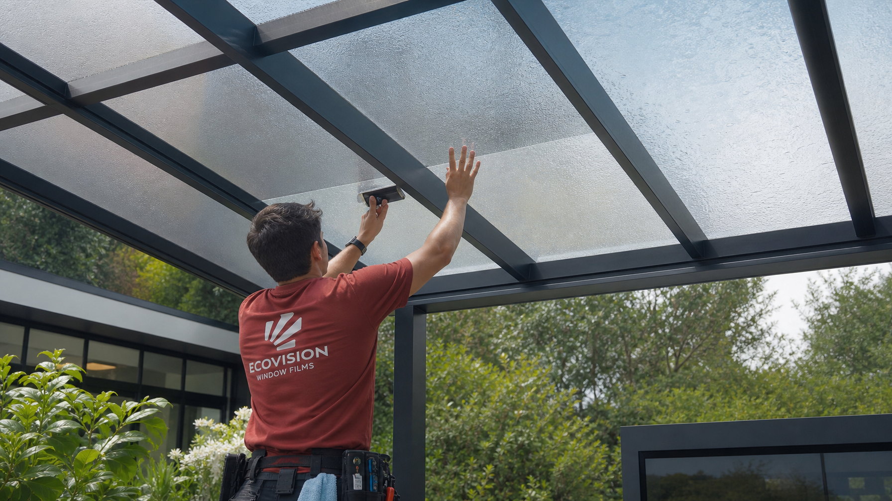 Ecovision installer in brick-red shirt applying solar control window film to a glass pergola panel at a Metro Vancouver commercial showroom patio