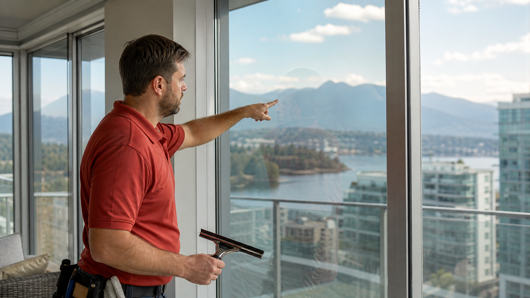 Ecovision installer checking temporary water pockets on newly installed architectural window film in Vancouver