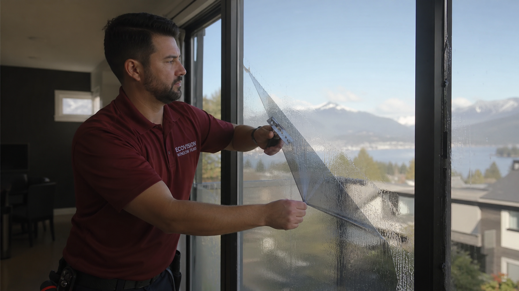 Ecovision installer peeling old solar window film from Vancouver residential window