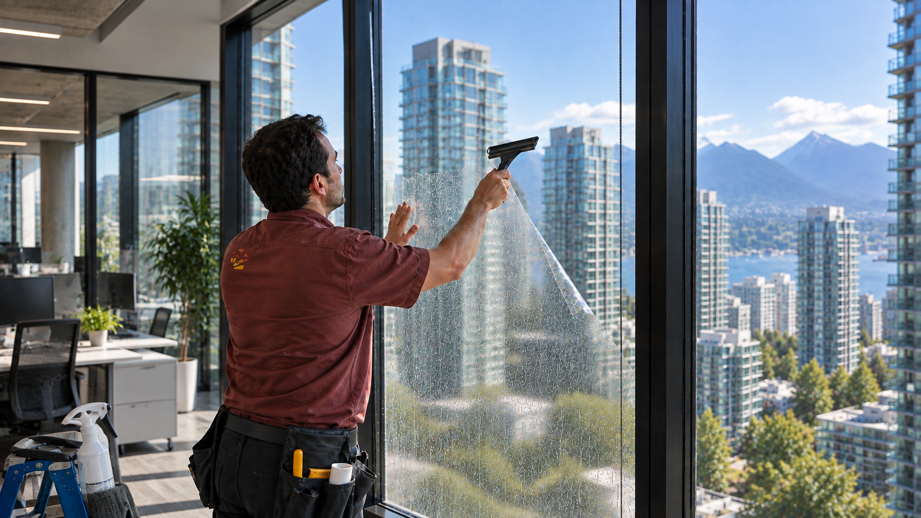 Ecovision installer applying energy-efficient solar film on downtown Vancouver commercial office curtain wall