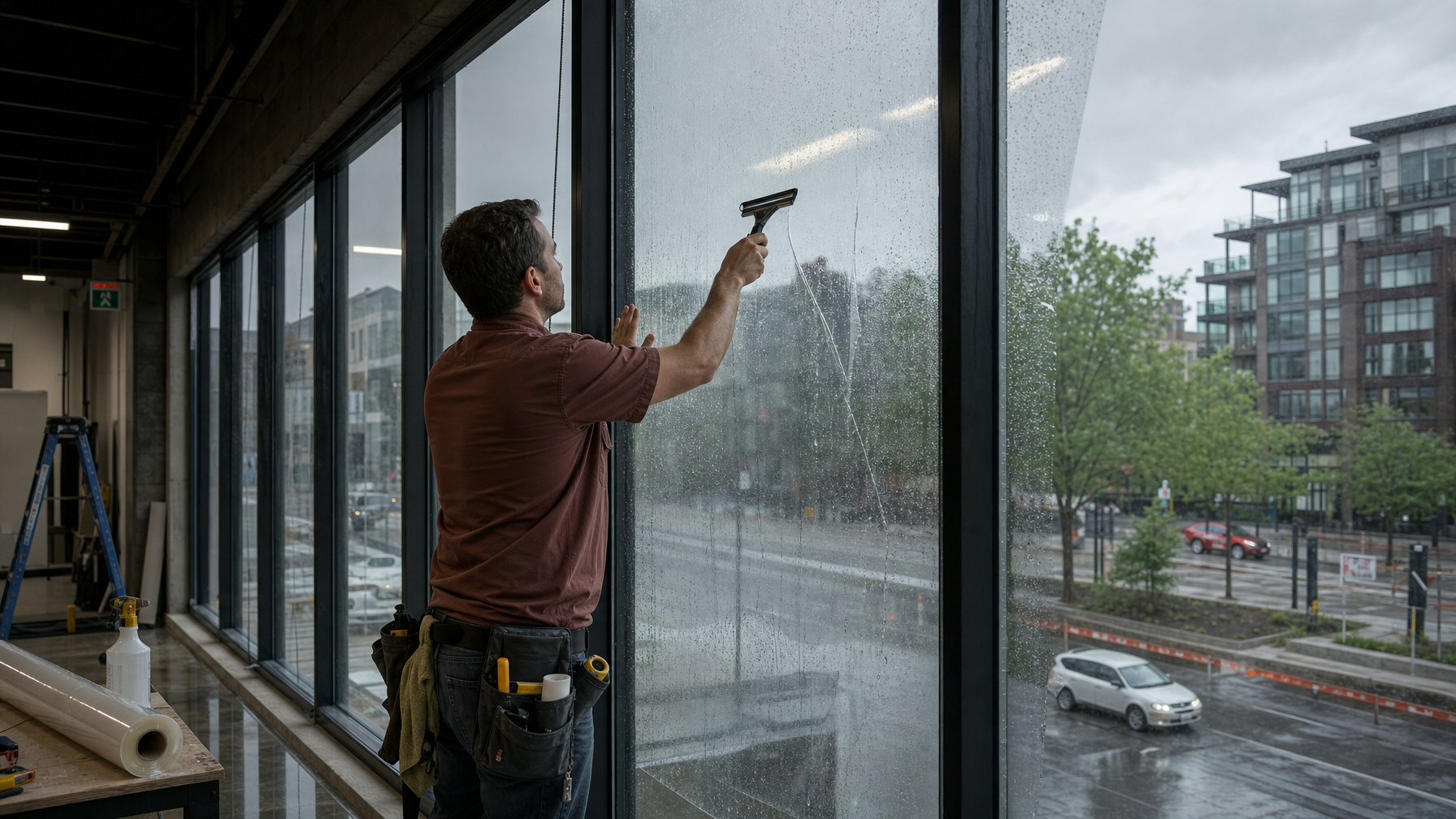 Ecovision installer applying commercial security window film on Vancouver storefront glass