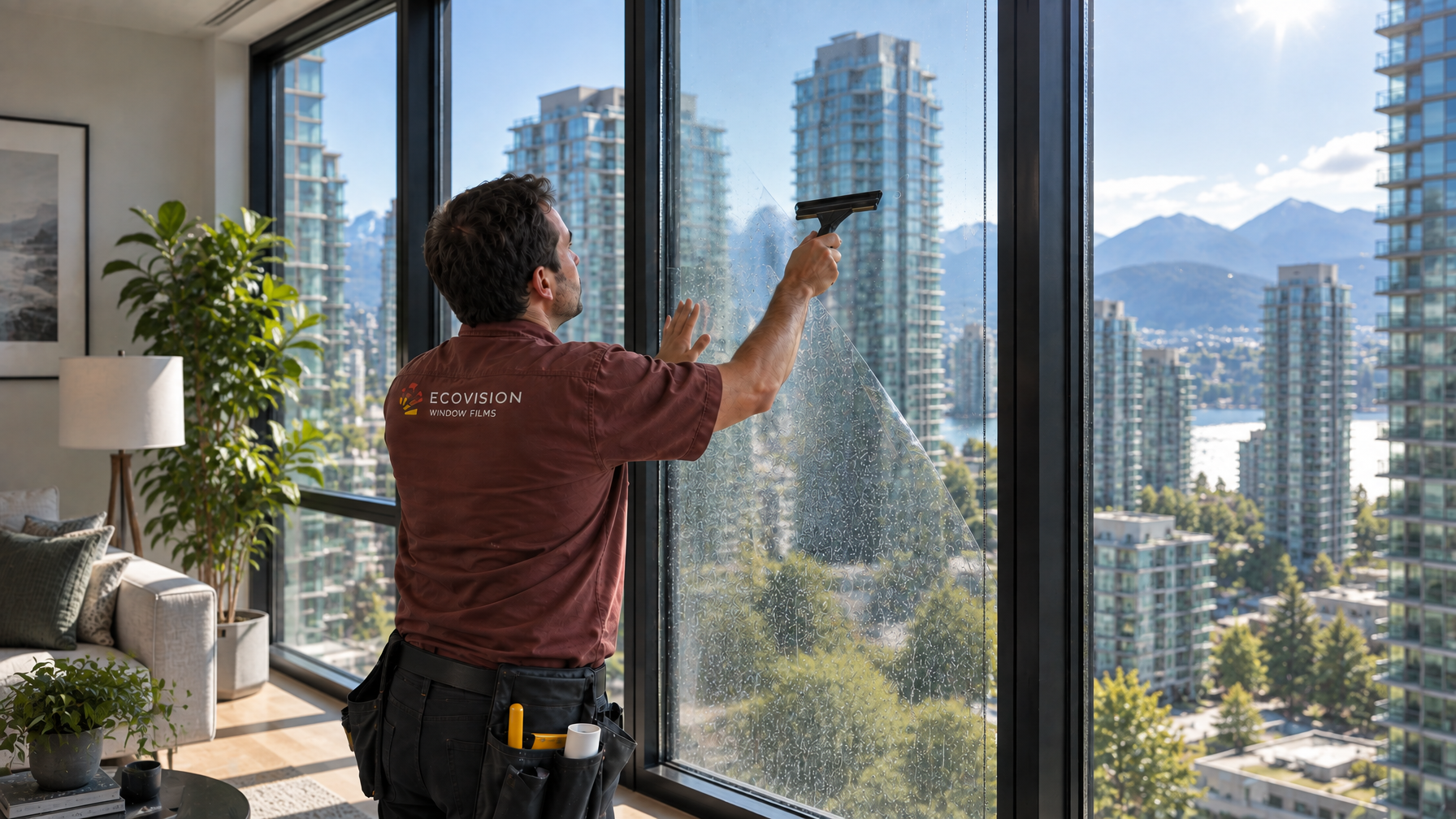 Ecovision installer in brick-red shirt applying solar heat-control film on west-facing Vancouver condo glass