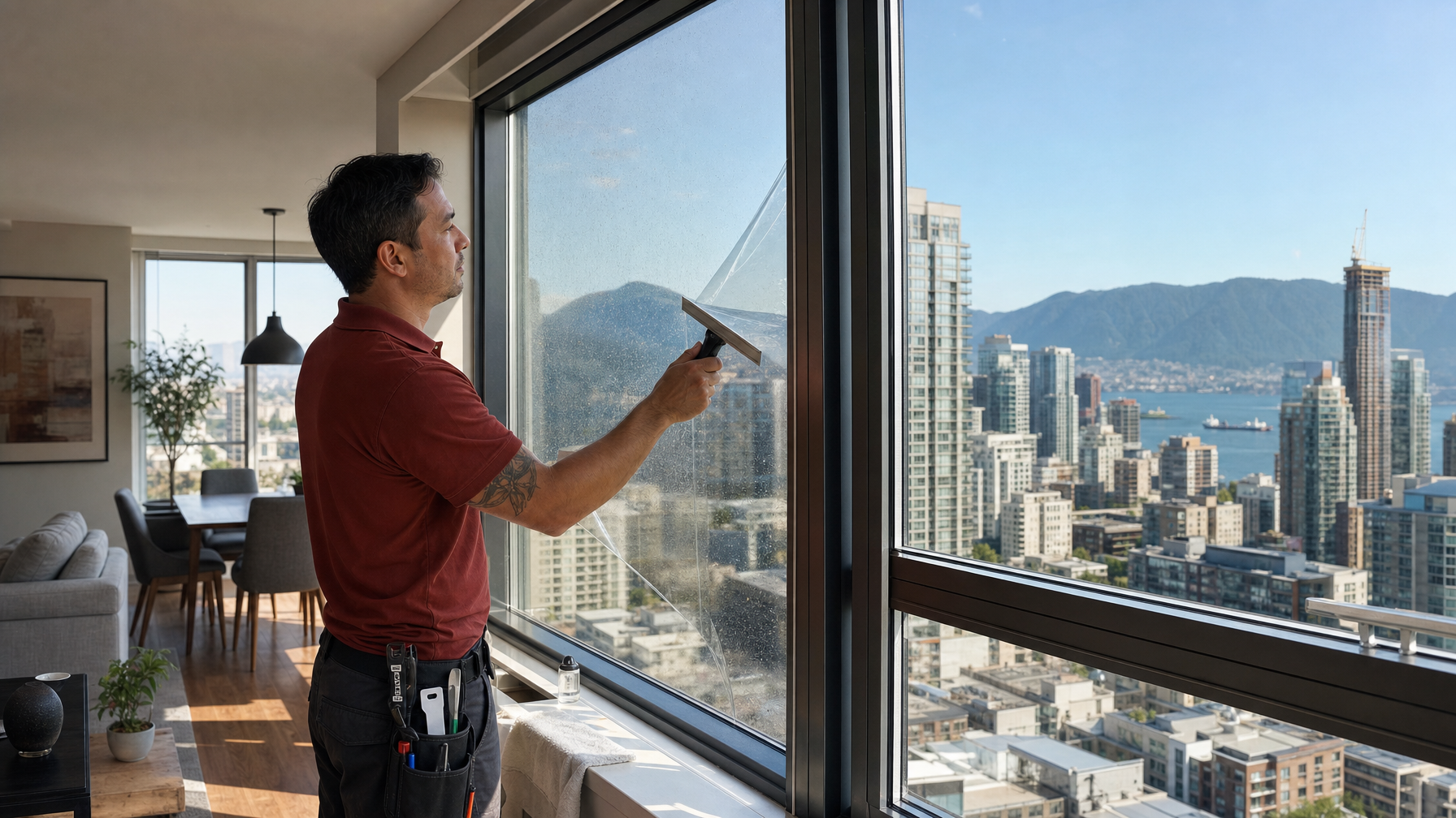 Ecovision installer applying architectural window film to double-pane glass in Vancouver