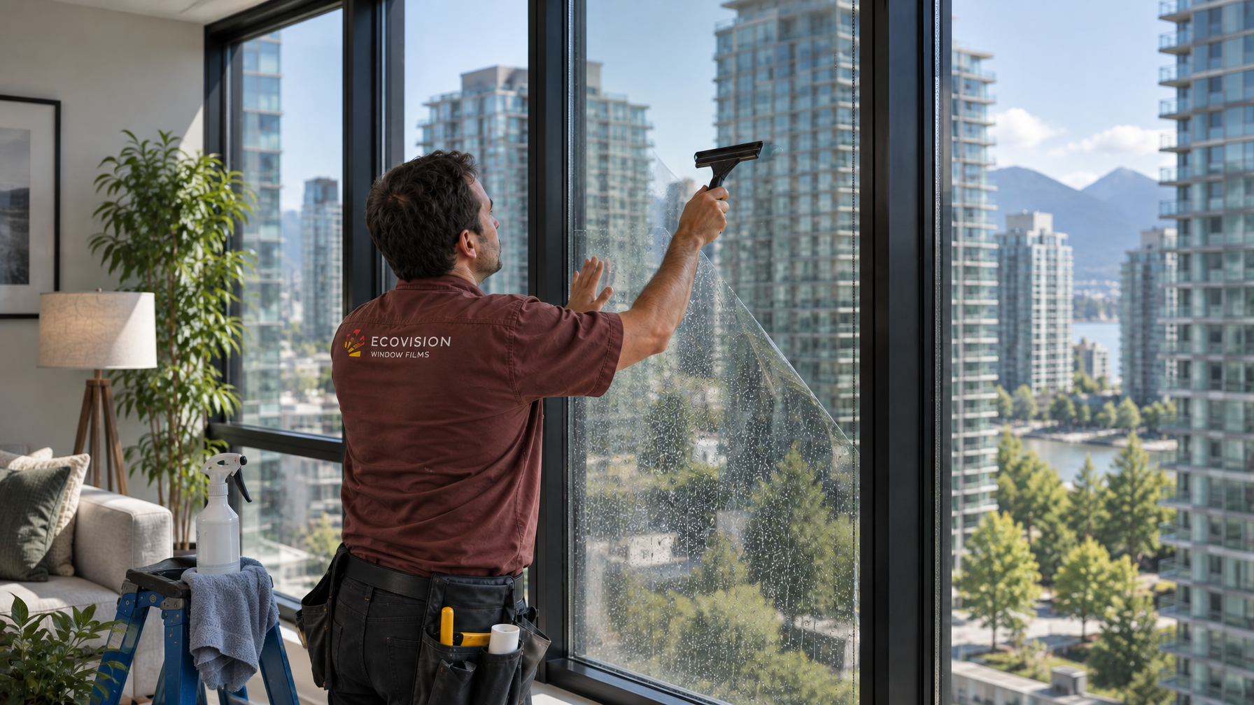 Ecovision installer in brick-red shirt applying architectural film to double-pane Vancouver condo glass