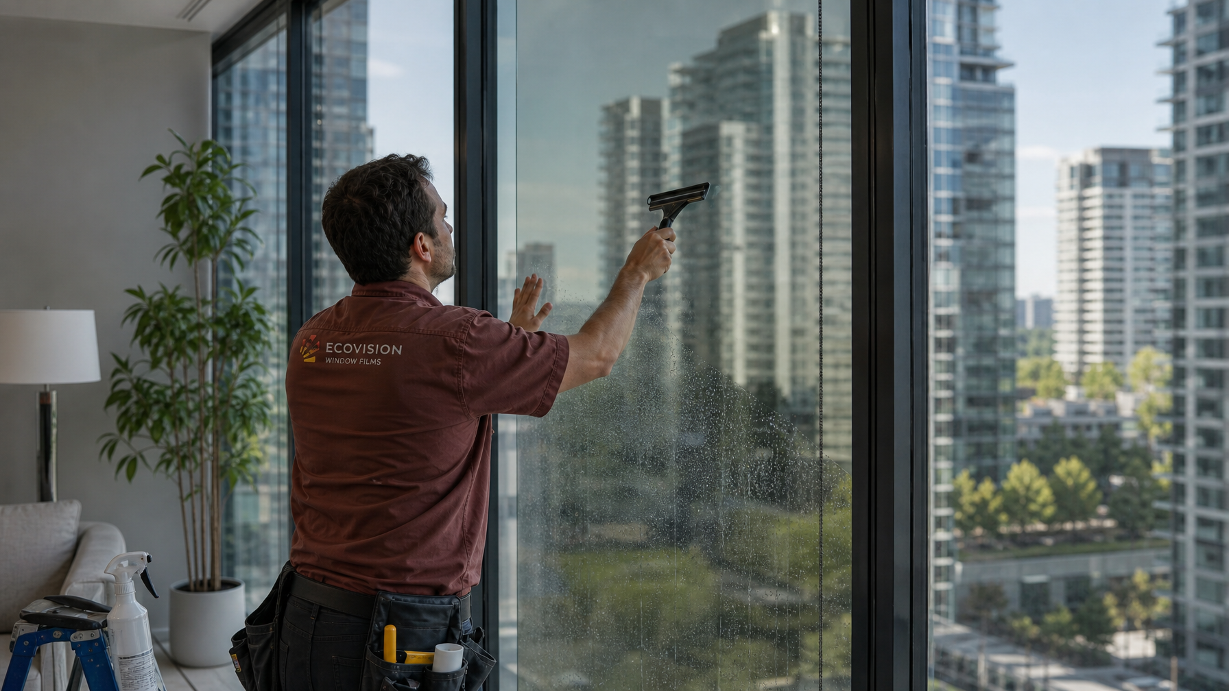 Ecovision installer applying dual-reflective one-way window film in Vancouver