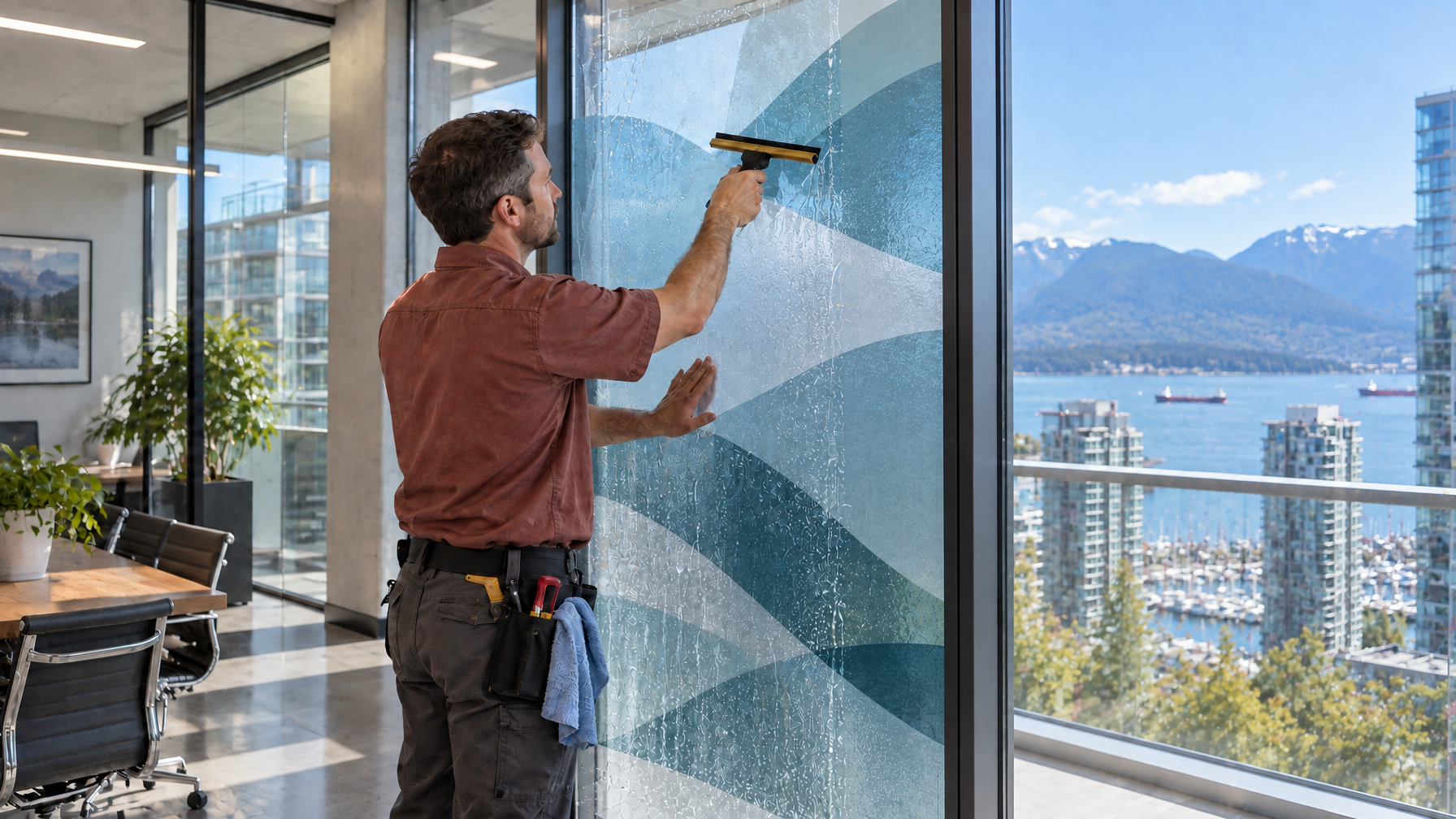 Ecovision installer applying coloured decorative window film to Vancouver office glass