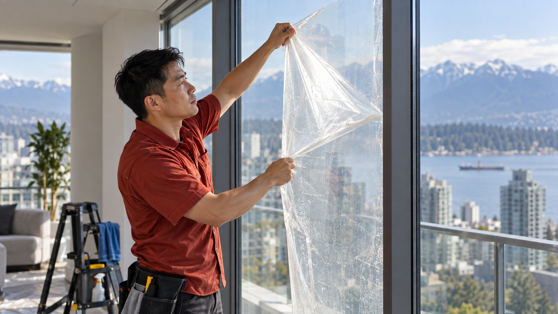 Ecovision installer in a brick-red shirt peeling old plastic construction film from Vancouver condo glass