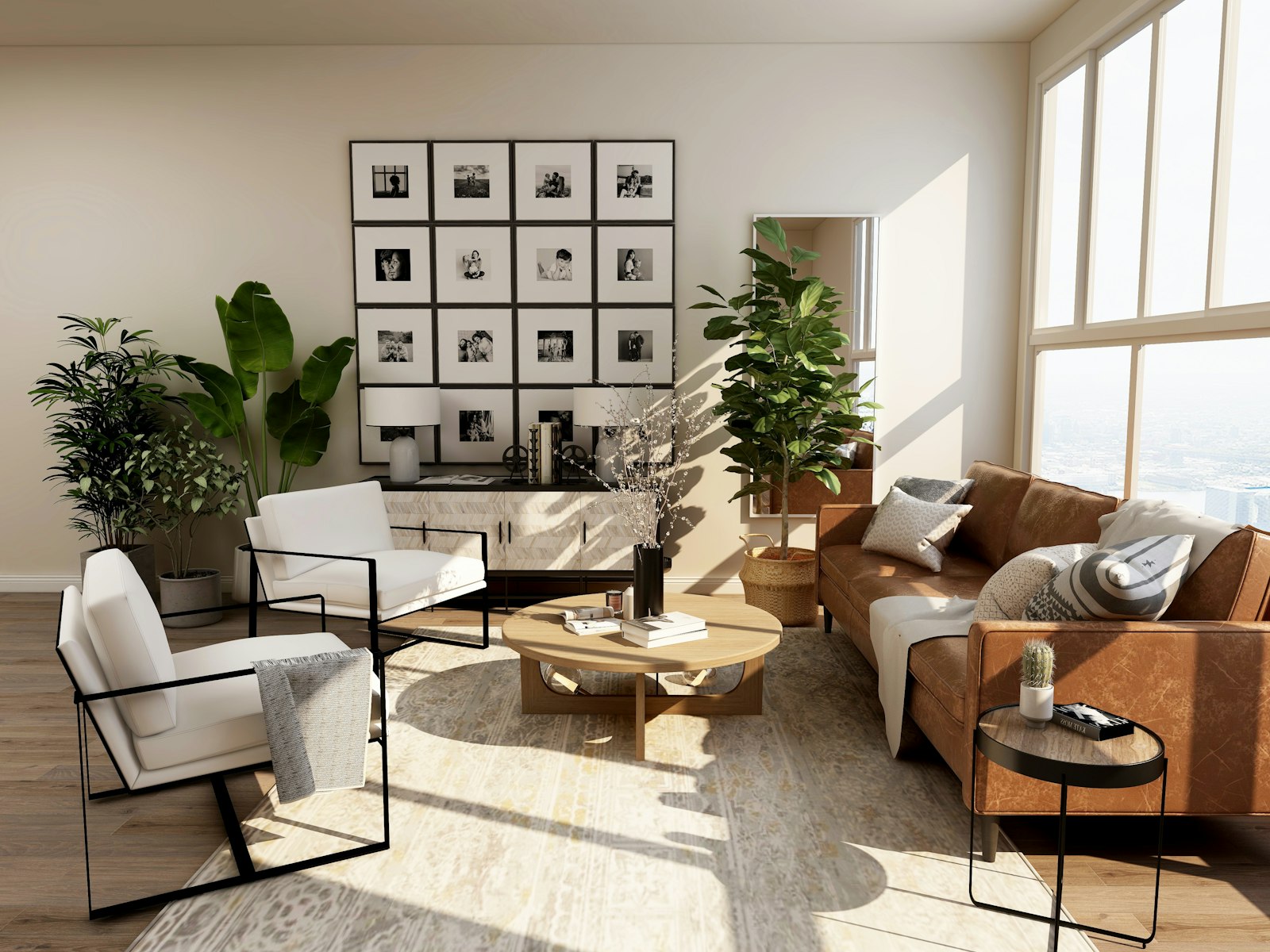 Brown leather sofa in the path of strong sunlight through floor-to-ceiling windows