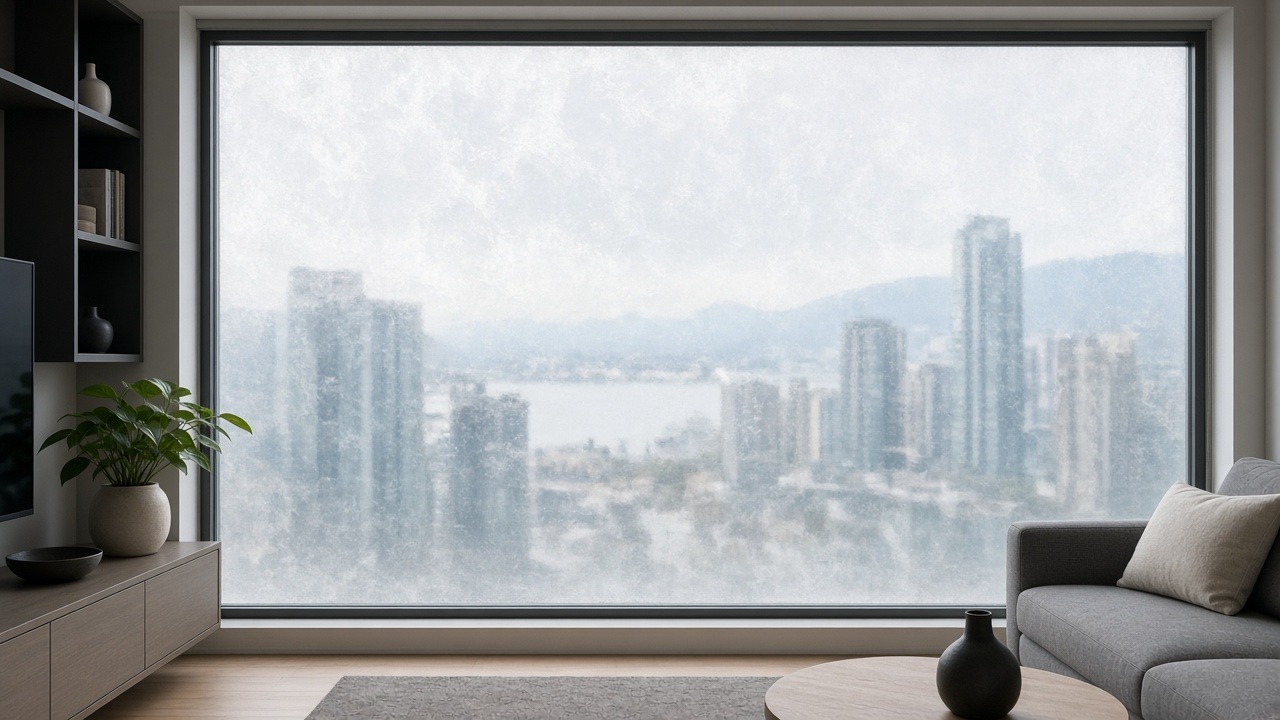 Floor-to-ceiling condo window with architectural frosted privacy film blurring the exterior view