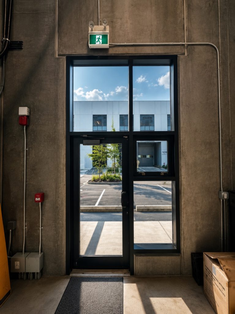 Explanatory concept showing an interior view through reflective glazing in daylight