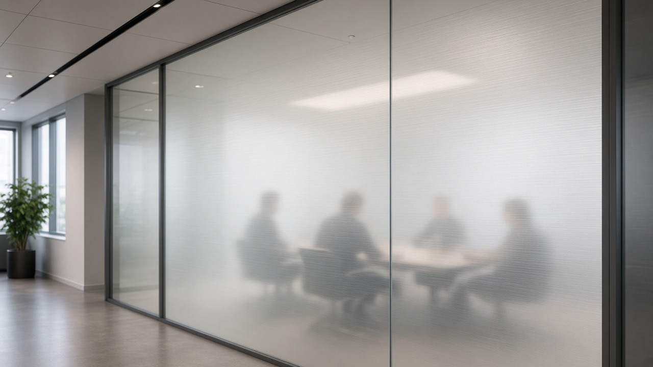 Frosted privacy film installed on a commercial interior window