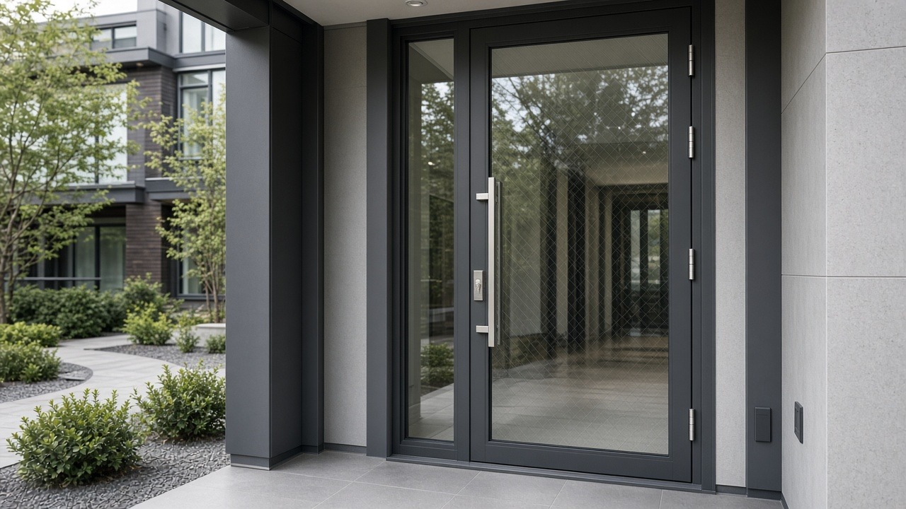 Modern glass entry door with reinforced safety glazing typical of forced-entry film applications