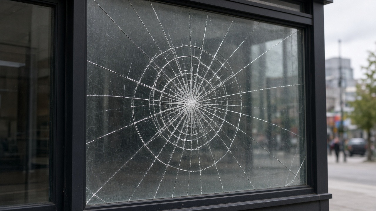 Shattered storefront glass held together after impact, illustrating forced-entry film delay