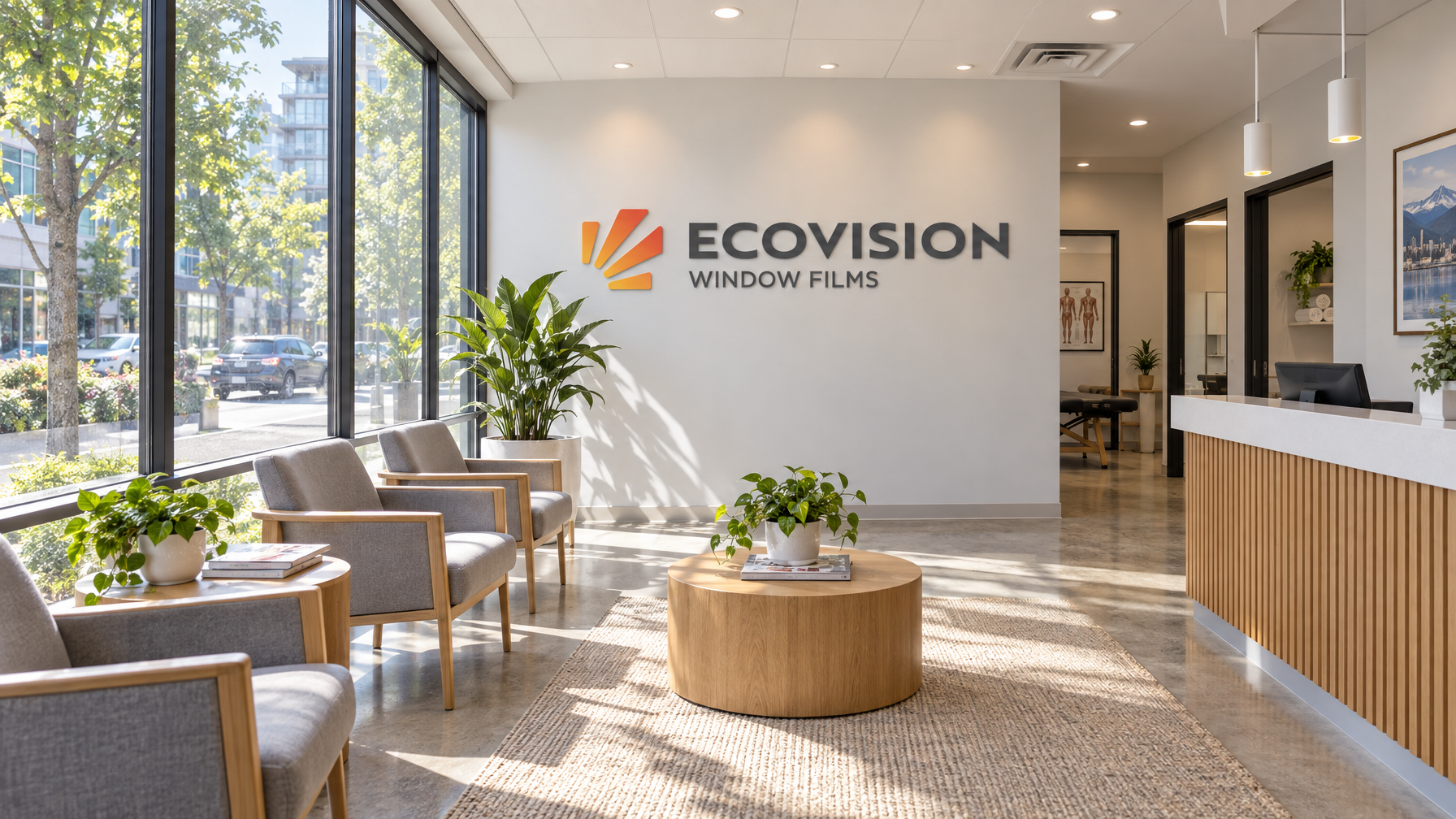Physiotherapy clinic waiting area in Vancouver with solar control window film on large glass