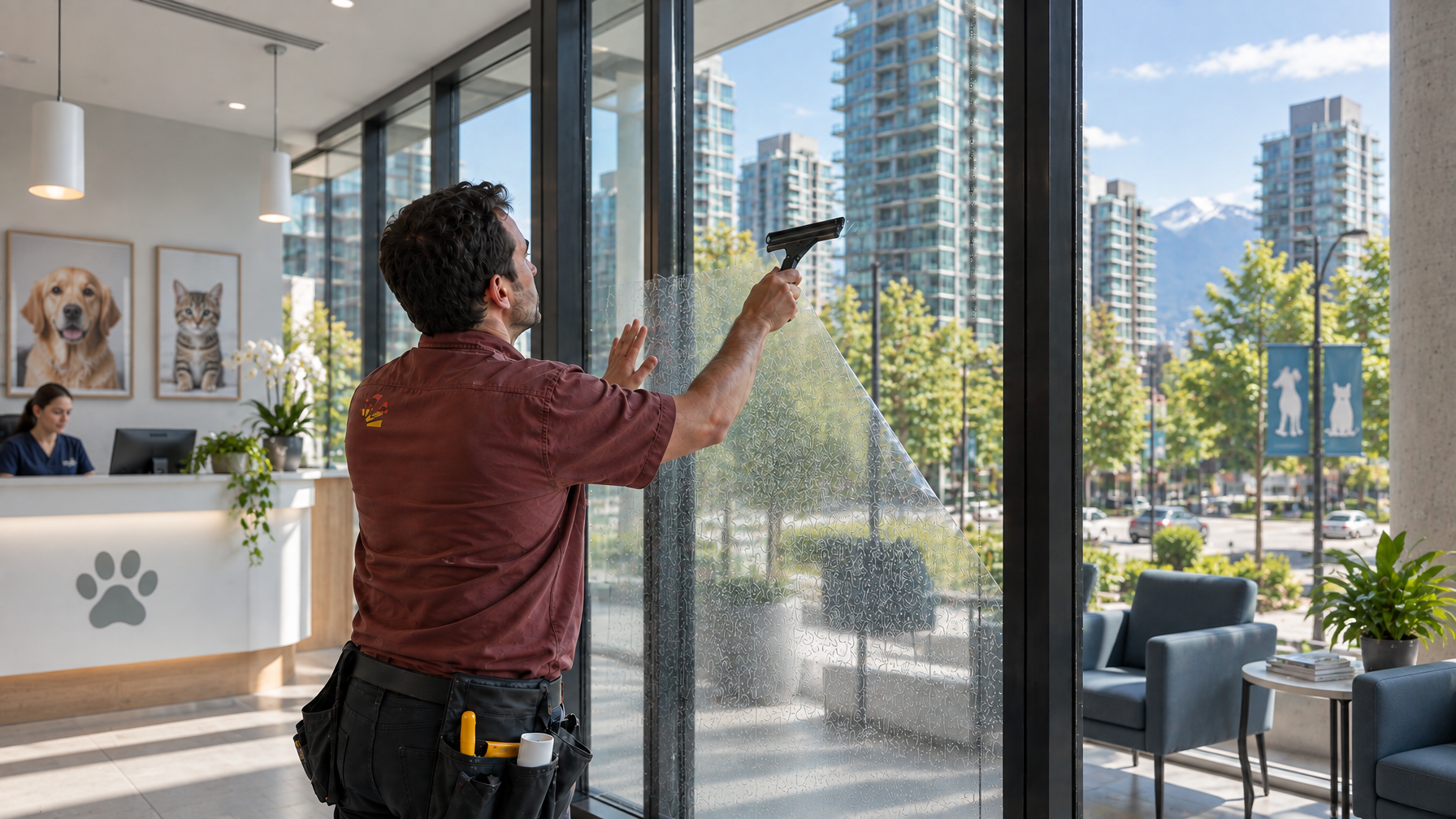 Ecovision installer in brick-red shirt applying solar control film in a Vancouver veterinary clinic waiting room